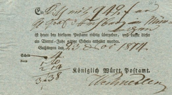 Postschein von Geislingen W 2. Postschein von Geislingen W 2.